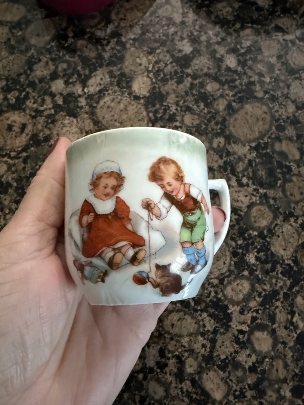 Vintage Children's Illustration Porcelain Cup - White with Multicolor Artwork